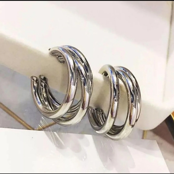 Layered Silver Half Hoop Earrings - Picture 3 of 8